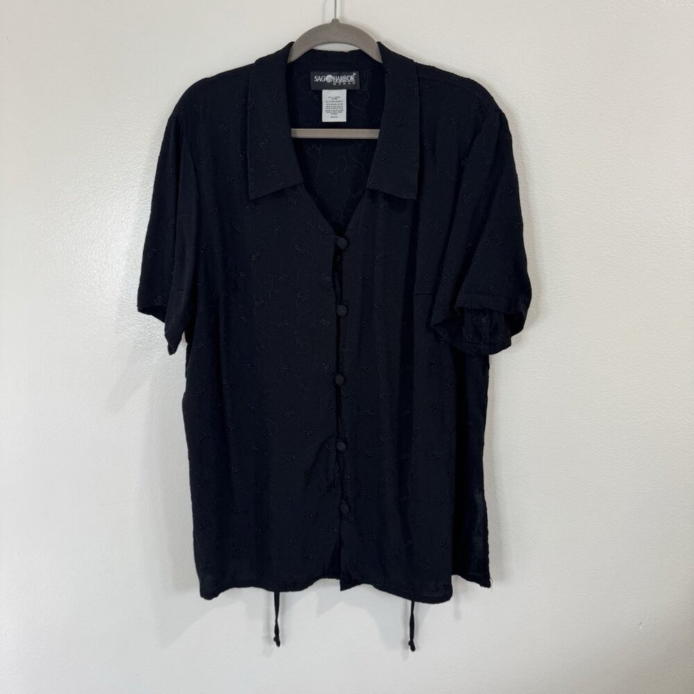 Vintage 90s Y2K Sag Harbor Shirt 1X Black Eyelet Lace Whimsigoth Witchy Belted